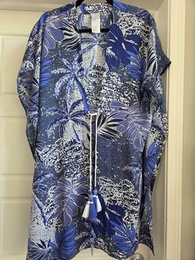 Chico's Blue and White Tropical Print Kimono Or Coverup